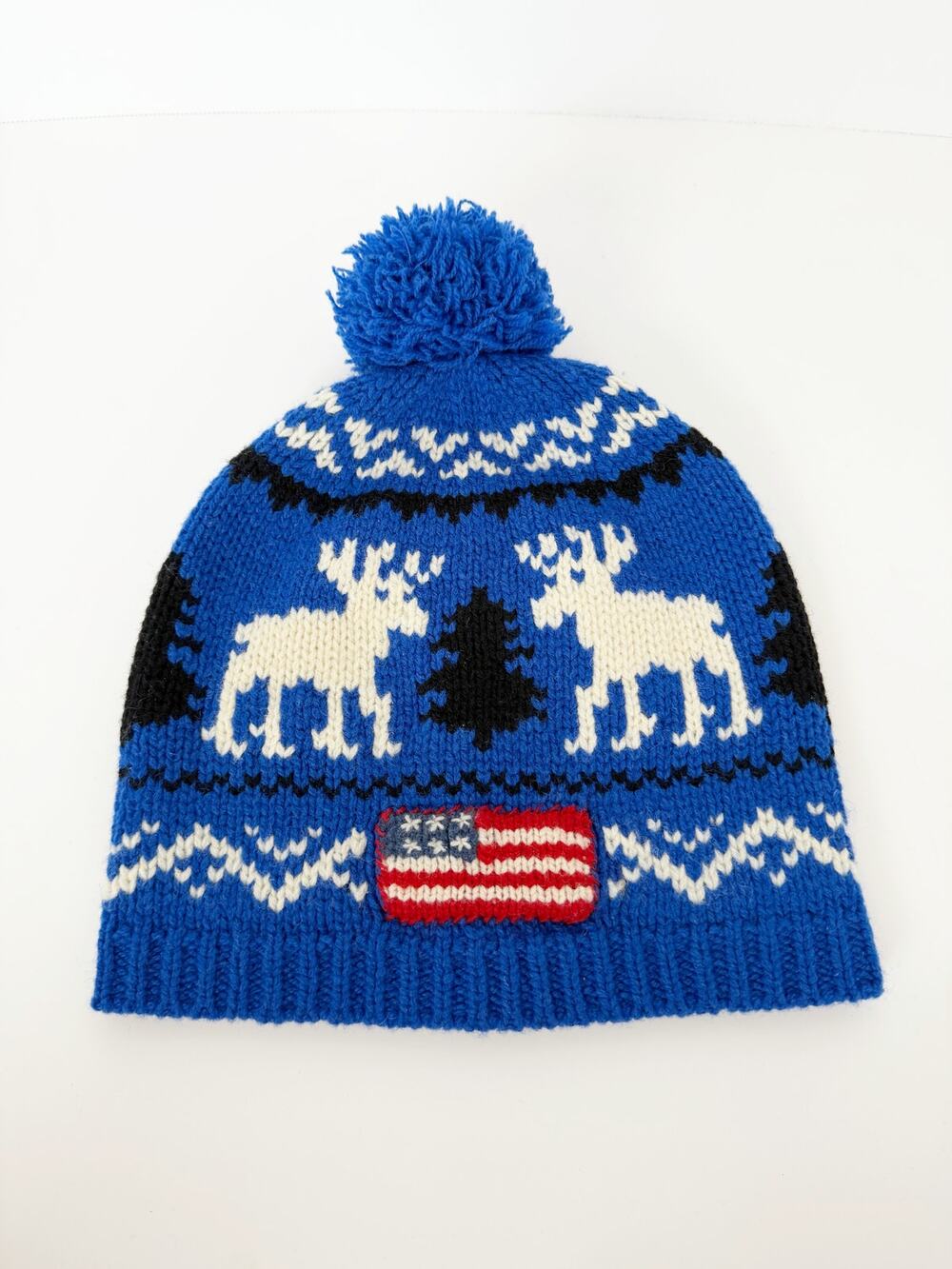 Polo Ralph Lauren 100% Wool Royal Blue White USA Moose Winter Hat Beanie Unisex